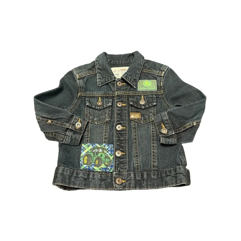 Custom Upcycled Dark Denim Jacket Size 24M - John Deere - 28” Waist, 8” Sleeves